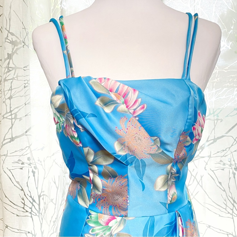 VINTAGE WALTAH CLARKE’S blue pink Hawaiian floral print sleeveless satin dress - Picture 2 of 10